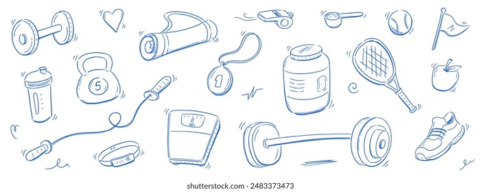 Conjunto de iconos de salud de boceto de gimnasio deportivo. Dibujado a mano boceto garabato deporte saludable, gimnasio ajuste equipo de ejercicio icon.Doodle dibujado a mano pelota de tenis, botella, mancuernas equipo de ajuste. Ilustración vectorial.