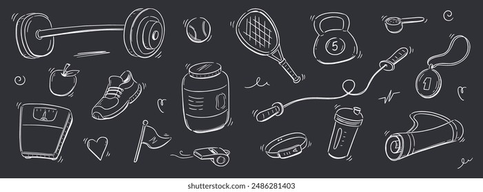 Sport-Fitness-Sketch Gesundheit Icon Set. Handgezeichnete Skizze Doodle gesunder Sport, Fitness-Fitness-Trainingsgeräte-Symbol. Doodle handgezeichnete Tennisball, Flasche, Hantel-Fitness-Ausrüstung. Vektorillustration.