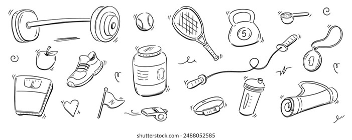 Sport gym sketch health icon set. Hand drawn sketch doodle healthy sport, gym fit exercise equipment icon.Doodle hand drawn tennis ball, bottle, dumbbell fit equipment. Vector illustration.