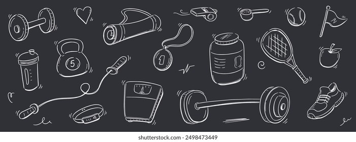 Sport gym sketch health icon set. Hand drawn sketch doodle healthy sport, gym fit exercise equipment icon.Doodle hand drawn tennis ball, bottle, dumbbell fit equipment. Vector illustration.