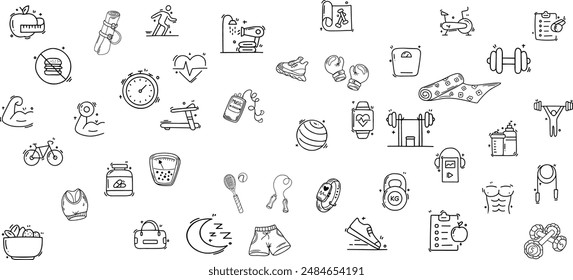 Sport gym sketch icon set. Hand drawn sketch doodle healthy sport, gym fit exercise equipment icon