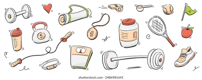 Conjunto de iconos de bocetos de gimnasio deportivo. Dibujado a mano boceto garabato deporte saludable, gimnasio ajuste equipo de ejercicio icon.Doodle dibujado a mano pelota de tenis, botella, mancuernas equipo de ajuste. Ilustración vectorial.