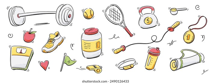 Conjunto de iconos de bocetos de gimnasio deportivo. Dibujado a mano boceto garabato deporte saludable, gimnasio ajuste equipo de ejercicio icon.Doodle dibujado a mano pelota de tenis, botella, mancuernas equipo de ajuste. Ilustración vectorial.