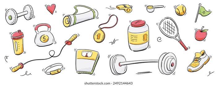 Sport gym sketch icon set. Hand drawn sketch doodle healthy sport, gym fit exercise equipment icon.Doodle hand drawn tennis ball, bottle, dumbbell fit equipment. Vector illustration.