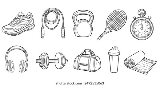 Conjunto de iconos de bocetos de gimnasio deportivo. Dibujado a mano boceto garabato deporte saludable, gimnasio en forma de equipo de ejercicio icono.