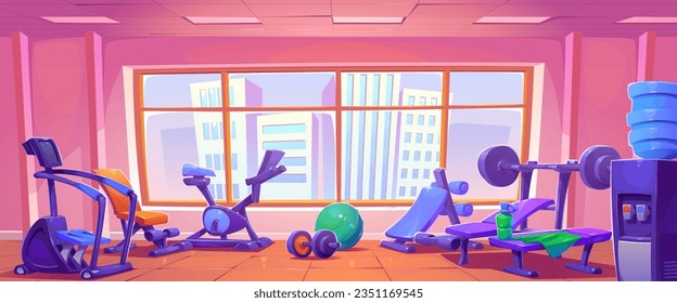 Sport gym studio room for exercise with equipment cartoon vector background. Fitness hall interior with treadmill, dumbbell, bench, barbell and skyscraper cityscape in window graphic illustration