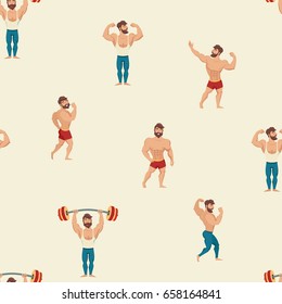 Sport and gym vector pattern. Hand draw backdrop with muscular, bearded mans illustration. Cartoon seamless background. Wallpaper with fitness models, posing, bodybuilding