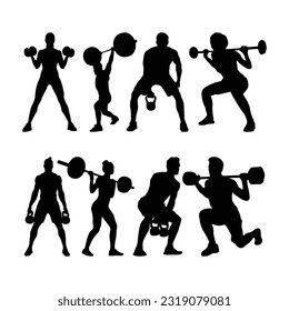 Sport gym woman and man silhouettes isolated on white background