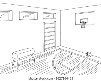 Sport hall school gym interior graphic black white sketch illustration vector