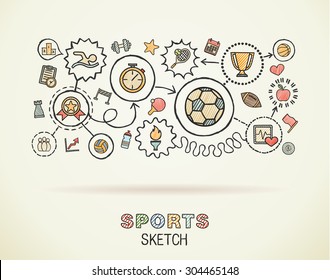 Sport hand draw integrated icons set on paper. Colorful vector sketch infographic illustration. Connected doodle color pictograms: swimming, football, soccer, game, fitness, activity concept