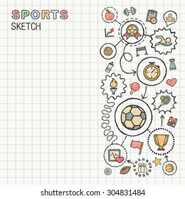 Sport hand draw integrated icons set on paper. Colorful vector sketch infographic illustration. Connected doodle color pictograms: swimming, football, soccer, game, fitness, activity concept