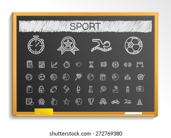 Sport hand drawing line icons. Vector doodle pictogram set: chalk sketch sign illustration on blackboard with hatch symbols: baseball, football, tennis, bicycle, pool, soccer, rugby, fitness. 