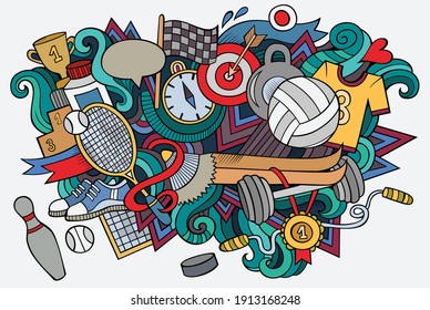 Sport hand drawn cartoon doodles illustration. Funny design. Creative art vector background. Fitness symbols, elements and objects. Colorful composition