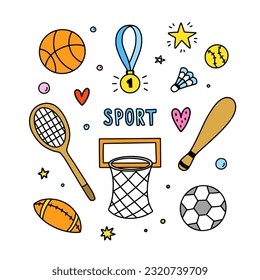 Sport hand drawn illustrations. Cute school doodles. Sport equipment set