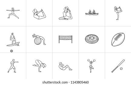 Sport hand drawn outline doodle icon set. Outline doodle icon set for print, web, mobile and infographics. Fitness, yoga and games vector sketch illustration set isolated on white background.