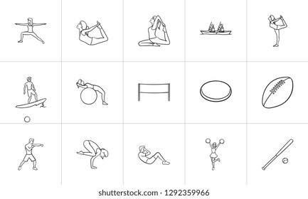 Sport hand drawn outline doodle icon set. Outline doodle icon set for print, web, mobile and infographics. Fitness, yoga and sports vector sketch illustration set isolated on white background.