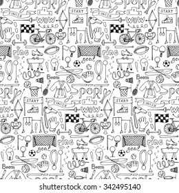 Sport hand drawn seamless pattern. Vector illustration of doodle sport elements for backgrounds, wrapping, wallpapers, textile prints