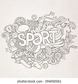 Sport hand lettering and doodles elements and symbols background. Vector hand drawn sketchy illustration