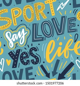 Sport hand lettering seamless pattern for print, textile, wallpaper. Modern typography sports background.