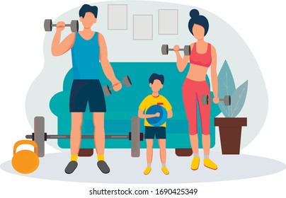 Sport. Happy family sports activities. Mother, father and child do the workout at home. Dad, mom and little son fitness workout exercises, healthy lifestyle. Vector illustration in flat style