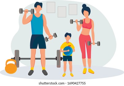  Deporte. Alegre actividad deportiva familiar. Madre, padre e hijo hacen ejercicio en casa. Ejercicios de fitness para papá, mamá y niños pequeños, estilo de vida saludable. Ilustración del vector en estilo plano