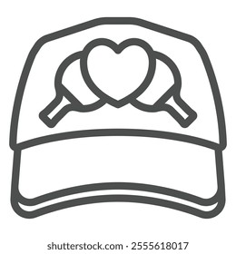 Sport hat with rackets and heart line icon, tennis game concept. Vector graphics. Favorite sport headwear sign on white background, outline style icon for mobile or web design