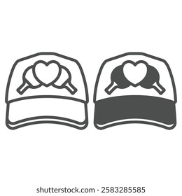 Sport hat with rackets and heart line and solid icon, tennis game concept. Vector graphics. Favorite sport headwear sign on white background, outline style icon for mobile or web design