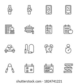 Sport and health line icons set, outline vector symbol collection, linear style pictogram pack. Signs, logo illustration. Set includes icons as heartbeat rate, cardio pulse, dieting plan, fitness