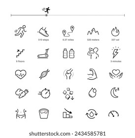 Iconos de deporte y salud. Elementos vectoriales para infografías. Conjunto de signos para una guía detallada. Listo para su diseño. EPS10.