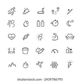 Iconos de deporte y salud. Elementos vectoriales para infografías. Conjunto de signos para una guía detallada. Listo para su diseño. EPS10.	