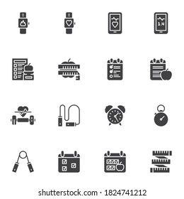 Sport and health vector icons set, modern solid symbol collection, filled style pictogram pack. Signs, logo illustration. Set includes icons as heartbeat rate, cardio pulse, dieting plan, fitness