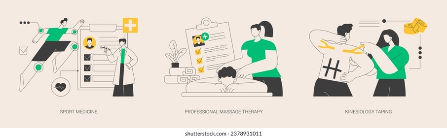 Sport healthcare abstract concept vector illustration set. Sport medicine, professional massage therapy, kinesiology taping, pain management, wellness services, bandage application abstract metaphor.