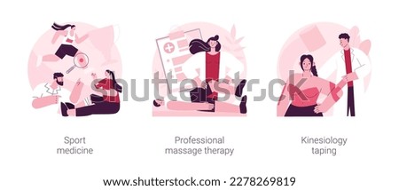 Sport healthcare abstract concept vector illustration set. Sport medicine, professional massage therapy, kinesiology taping, pain management, wellness services, bandage application abstract metaphor.