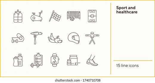Sport and healthcare line icon set. Healthy eating, exercising, game. Slimming concept. Can be used for topics like weightloss, sport, sports equipment