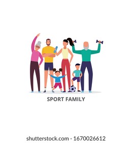 Sport healthful family members group of various generations, flat vector illustration isolated on white background. Family sport activity and healthy lifestyle.