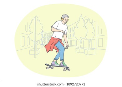 Sport, Healthy active lifestyle, leisure hobby concept. Man cartoon character enjoying riding skateboard in park on summer illustration. Recreation, activity, entertainment, fitness, fun 