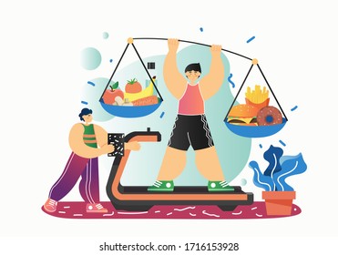 Sport and healthy diet, vector flat illustration. Healthy food vs junk fast food concept for web banner, website page etc.