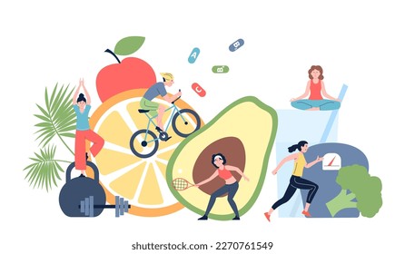 Deporte y dieta saludable. Bienestar y desintoxicación, estilo de vida deportivo. Gente haciendo ejercicio, corriendo y meditando. Beber agua y comer alimentos frescos escena vectorial reciente