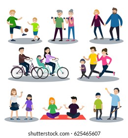 Sport and healthy family set with football fitness skating cycling running badminton yoga baseball activities isolated vector illustration