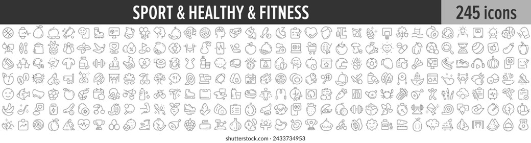 Sport, Healthy and Fitness linear icon collection. Big set of 245 Sport, Healthy and Fitness icons. Thin line icons collection. Vector illustration