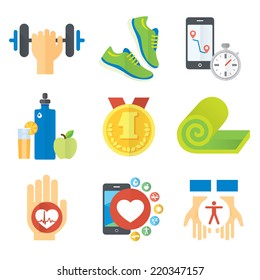 Sport and healthy life concept flat icon set of jogging, gym, food, metrics etc. Isolated vector illustration, modern design element