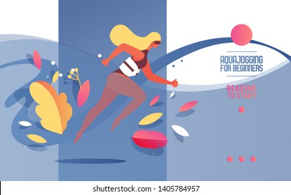 Sport And Healthy Lifestyle Banner With Underwater Aqua Jogging Young Woman. Web Landing Page, Good For Pool Classes And Running Courses. Blue Vivid Colors, Flat Character, Belt On Waist