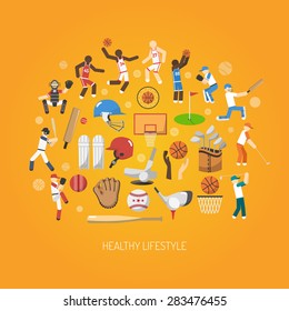 Sport and healthy lifestyle concept with flat players and accessories icons set vector illustration