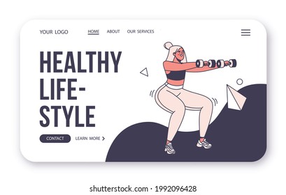 Sport, healthy lifestyle concept for landing page template. Happy female character engaged in fitness, morning exercises, squats with dumbbells. Modern fashionable, smiling girl, vector illustration.