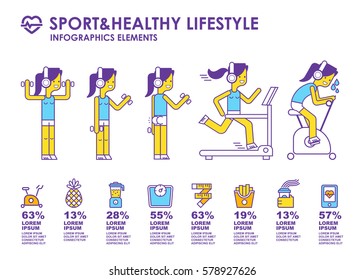 Sport and healthy lifestyle info graphics elements and icons isolated on white background. Girl cartoon character training in a gym. Flat design, linear stokes and fills, easy to edit .