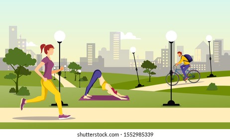 Sport, Healthy lifestyle, Outdoor, City park concept. People running, training yoga and cycling in the park . Vector illustration for poster, banner, placard, brochure, card, postcard.