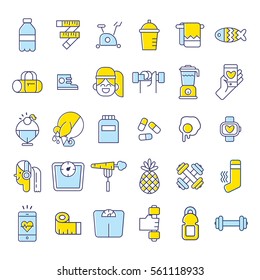 Sport and healthy lifestyle vector icons with different sport and fitness, food elements arranged. Thin line, isolated vector.
