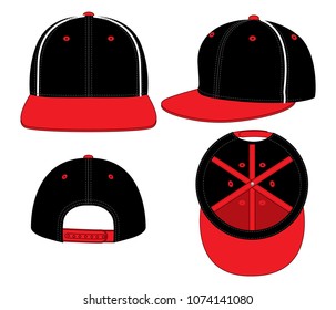 Sport Hip Hop Cap Design Black-Red With White Piping And Snap Back Strap Vector