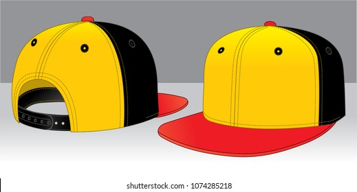 Sport Hip Hop Cap Design Yellow/Red/Black With Snap Back Strap Vector.