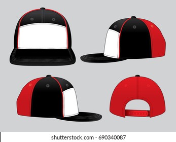 Sport Hip Hop Cap Design Black/Red/White Colors Vector, Red Line Piping, Strap With Snap Back.